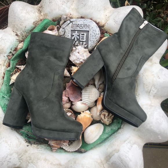 NEW Olive Suede Go Go Shoes Chucky Heel Ankle Boot - Picture 2 of 7